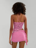 Women Lace Flower 2 Piece Sets Sleeveless Corset Cami Tops + Cut Out Tie-up Mini Skirts Sets Sexy Streewear