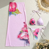 10 Color Flowers Halter Bikini Female Swimsuit Women Swimwear Three-pieces Bikini set With Skirt Bather Bathing Suit Swim V6637C