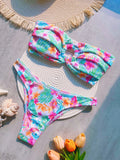 Ribbed Floral Printed Bandeau Bikini Women Swimwear Female Swimsuit Two-pieces Bikini Set High Cut Bather Bathing Suit Swim Lady