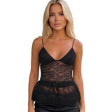 Women Lace Camisole Sleeveless Tops V-neck Solid Color Slim Fit Summer Sheer Crop Tops Party Clubwear