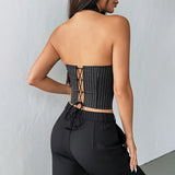 Retro Black Striped Tank Top Women Chic Summer Tie Sleeveless Slim Fit Fishbone Corset Y2K Hot Girl Club Party Tube Tops