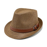 Fashion Men Jazz Fedora Hat Summer Straw Beach Sun Hat Short Brim Trilby with Belt Breathable Buckle Panama Cap