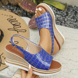 Buckle Strap Wedge Heel Sandals for Women Summer 2026 Plaid Pattern Platform Sandals Woman Thick Bottom Anti Slip Beach Shoes