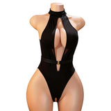 Crotchless Sexy Transparent Bodysuits Women Lace Lingerie Deep V Halter Baby Doll Dress Sexy Open Crotch Erotic Hot Underwear