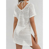 S - XL V Neck Short Sleeve Hollow Out Knitted Tunic Beach Cover Up Cover-ups Beach Dress Beach Wear Beachwear Female Women V8214