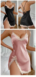Summer Sleepwear Contrast Lace Silk Satin Nightdress for Women Deep V Backless Lace Up Split Slip Sleep Dress Nightgown
