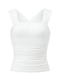 Women Square Neck White Tank Tops Ruched Design Sleeveless Solid Color Slim Fit Crop Tops Summer Vest Shirts