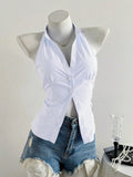Summer Casual Shirt Women's Blue Striped Halter Top V Neck Button Down Sleeveless Slim Fit Blouse 2026 Y2K Style Streetwear