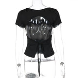 FDYOUI Fashion Casual Backless Lace-up T-shirts Women's Summer O-neck Short Sleeve Cropped Tops Streetwear Y2K Solid Tee Shirt