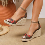 EUR Size 45 Leisure Espadrille Wedge Sandals Women Cherry Summer High Heels Shoes Beach Vacation Platform Ankle Strap Sandals