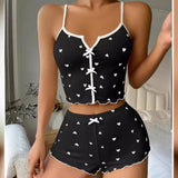 1 Set Sleepwear Women Pajamas Set Heart Print Soft Ribbed Fabric with Flirty Frill Trim Casual Top and Short Set Loungewear