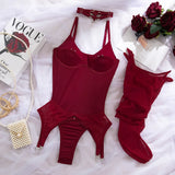 Toucheart Erotic Bodysuit Sexy Hot Tight Plunge Seductive Women's Intimate Flirt Romantic Garter Four-piece Set with Stockings