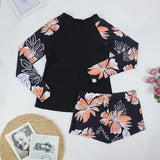 Women Two Pieces Vintage Print Rash Guard Swimwear Long Sleeve Shirt Shorts Surf Top Retro Print Running Shirt Split Swimsuit