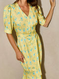 FDYOUI 2026 Summer V-neck Short Sleeve Floral Print Yellow Party Dress Women Single Breasted Lace-up Slim Long Vacation Dresses