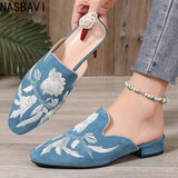 NASBAVI Fashion 3d Embroidery Mules Women Fur Slippers Velvet Shoes Ladies Low Heel Flower Decoration Sandals Women's Flip Flops