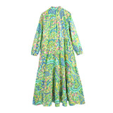 Foridol Paisley Print Shirt Dress Elegant Autumn Spring Green Dress Floral Print Boho Female Maxi Dress Long Sleeve Vestido 2025