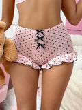 Women Cute Mini Pajama Bottoms Summer Elegant Dots Print Bow Slim Fit Ruffled Shorts for Party Romantic Nights Wear