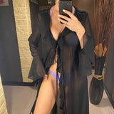 Women's V Neck Ruffled Long Sleeve Dress Chiffon Tunic Beach Cover Up Cover-ups Beach Dress Sunscreen Beachwear Vacation V5976B