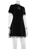 Ahagaga Sexy Women's Mini Dresses Patchwork Short Sleeves Lace Hollow Out Slim Fit Trend Baisc Turtleneck Streetwear Female Robe