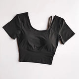 Women's Quick-Dry Yoga Sports Top with Chest Cushion Sexy Short-Sleeved Fitness T-Shirt Tight-Fitting Navel Revealing Yoga Suit