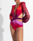 One Piece Swimsuit Sexy Long Sleeve Tropical Print Swimwear Women Bandage Monokini Hollow Out Bathing Suit String Beachwear 2023