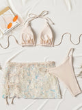 Sexy Shiny Sequin Blue White Bikini Set Women 3D Mesh Flower Cover Up 3 Piece Thong Swimsuit Beach Holiday Bathing Suit Swimwear