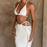 2PCS New Sexy With Top Halter Crochet Knitted Tunic Beach Cover Up Cover-ups Beach Dress Beach Wear Beachwear Female Women K4885