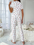 Women Sleepwear Black Lace Trim Cherry Print 2 Piece Pajamas Set Short Sleeve Top & Full-Length Pants Homewear