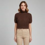 Women's Spring Summer Fuzzy Knit Tops Fashionable Casual Solid Color High Neck Short Sleeve Crop Sweater