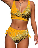 2026 Drawstring V Neck High Waist Bikini Women Printed Swimwear Female Swimsuit Bathers Bathing Swimming Suit Beachwear Summer