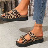 New Leopard Double Buckle Sandal for Woman Fashion 2025 Med Heel Flat Sandals Women Summer Non Slip Platform Sandal Female