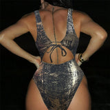 Sexy Golden Deep V Neck High Cut Leg Backless One Piece Swimsuit Women Swimwear Female Monokini Bather Bathing Suit Swim V6690