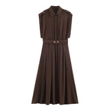 Women's Fashion Midi Dress Brown Sleeveless Shirt Dress For Women Shoulder Details Buttoned Waist Button Elegant For Wear PS9Y