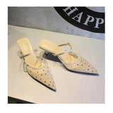 BIGTREE Crystal Mesh Fabric Pointed Toe Slippers Women Sexy Elegant Buckle Strap Party Prom Thin Low Heels Mule Shoes