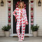 Women 2025 Heart Print Pajama Set Long Sleeve Button-up Tops and Pants 2 Piece Valentines Day Sleepwear Outfit