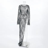Woman Clothing 2026 O-neck Hollow Out High Slit Long Maxi Lace Dress Black Streetwear Ladies See-through Black T-shirt Dresses