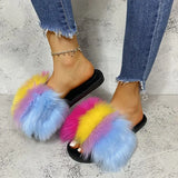 Mix Color Faux Fur Cotton Slippers for Women Open Toe Non Slip Plush Slippers Woman 2025 Lightweight Indoor Flats Slides Mujer