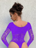 Toucheart Sexy Lingerie Long Sleeve Women's Jumpsuit Hollow Bikini One Piece Sexy Jacquard Solid Color Mesh See-through Bodysuit