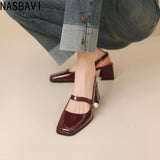 NASBAVI Fashion Women Pumps Slingback Sandals Square Toe Patent Leather Block High Heeled Mary Jane Shoes Ladies Gold Silver