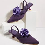 2025 Large Size 43 Summer Women's Pointy Toe Kitten Heels Slingback Pumps Elegant Satin Sandal Rose Flower Office Lady Shoes