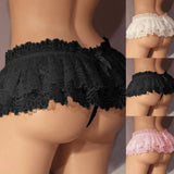 Women's Lace Ruffle Skirted Thong Erotic Low Waist Floral Lace Panties Lingerie With Bow Sheer Crotchless Perspective Underwear