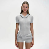 FDYOUI Women's Polo Collar Zip-up Jumpsuit Dress Chic Short Sleeve Folds Solid Bodysuits One Piece Yoga Fitness Sporty Playsuits