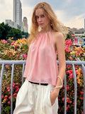 FDYOUI Women's Halter Off Shoulder Camisoles 2026 Summer Sexy Lace-up Backless Pink Tank Top Girls Loose Solid Tops Streetwear