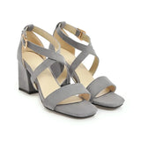 Big Size Casual Women Sandals Black Flock 7cm High Square Heels Peep Toe Summer Cross Buckle Strap Party Office Red Lady Sandals