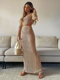 DEKA New Sexy Knit Mesh Cut Out Deep V Neck Long-sleeve Lace-up Fringe Tunic Summer Women Swimsuit Cover-ups Beach Maxi Dress