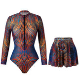 Slimming Mesh Swimsuit One Piece with Long Sleeves Sexy Bathing Suit Featuring Skirt ＆ Long Pants Bodysuit for Smart Beach Wear
