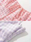 Foridol Spaghetti Strap Tie Up Plaid Dress Women Summer Beach Midi Sundress Strapless Retro Pink Short Vestidos Female Dress