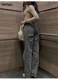 Women's Jeans Trend High-Waisted Distressed Skinny Straight-Leg Jeans Solid Color Distressed Finish Button-Fly Zipper Trousers