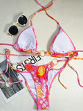 sexy flower print triangle micro bikini sets metal ring bandage thong swimsuits side tie beachwear summer holiday outfits