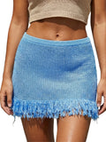 Summer Women's Knit Mini Skirt Solid Color Plush Tassel Trim Pencil Skirts Going Out Bohemian Beach Sexy Skirts